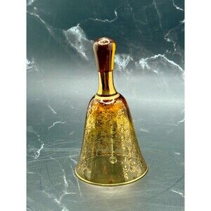 Vintage Bohemia Amber Crystal Bell Czechoslovakia Gilded Cut to Clear 5.5" Tall